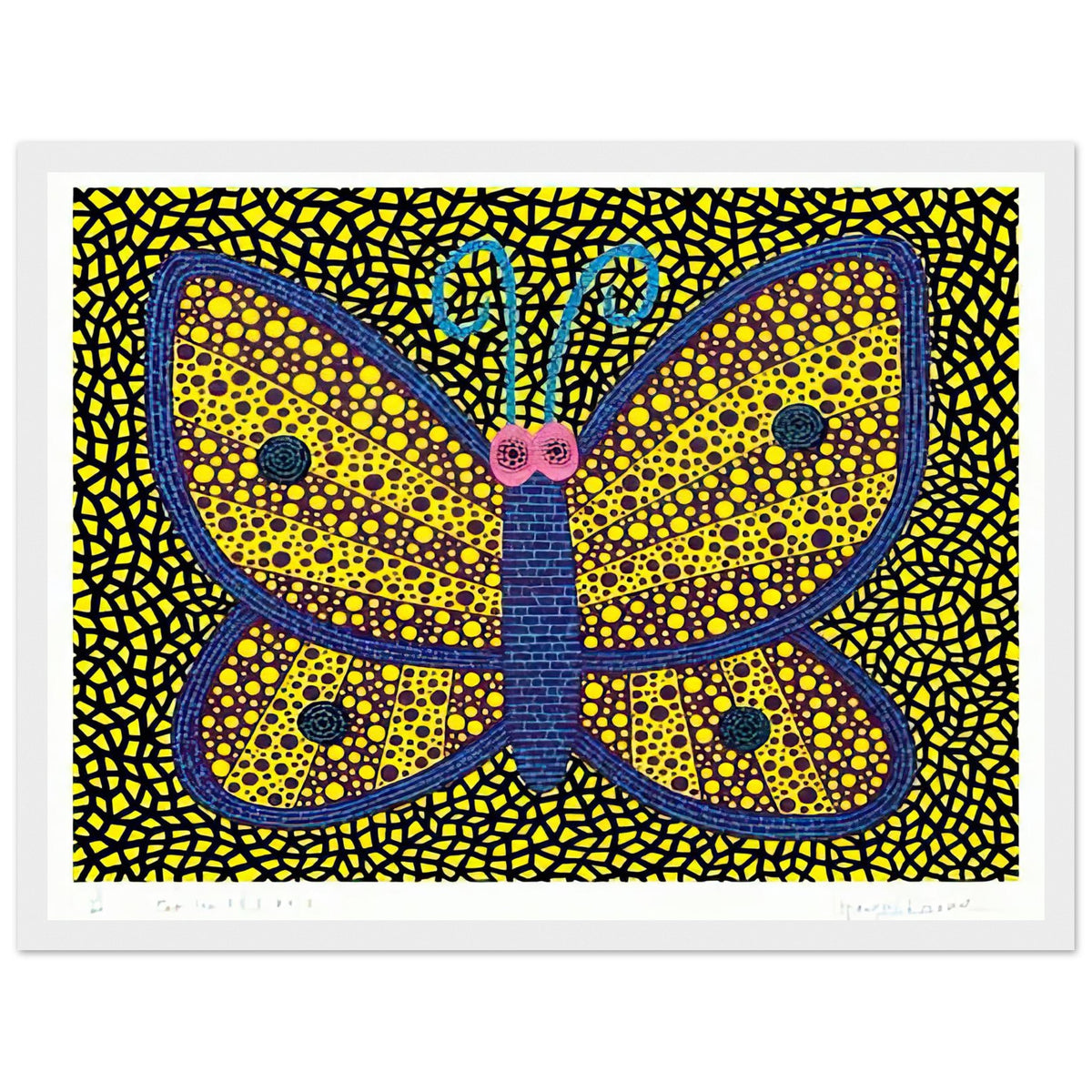Yayoi Kusama framed print — Papillon I from Amour pour Toujours explores the butterfly as a symbol of delicacy and transformation, white frame, 30x40 cm / 12x16″