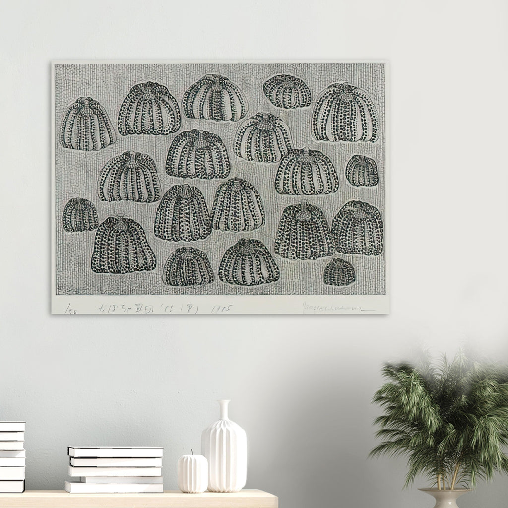 Yayoi Kusama poster — Pumpkin Army (black and white) turns a single familiar vegetable into a collective presence