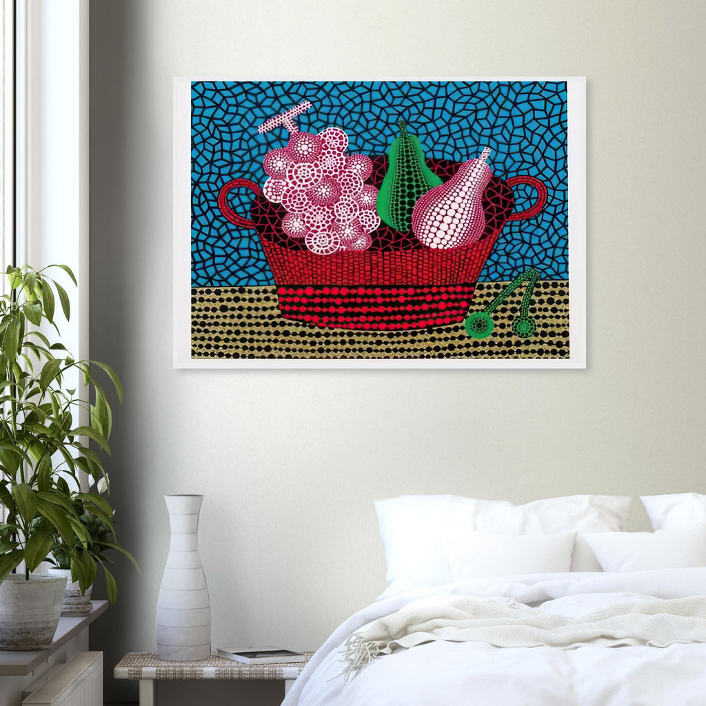 Yayoi Kusama framed print — Panier de Fruits II from Amour pour Toujours turns a basket of fruit into a lively decorative still life