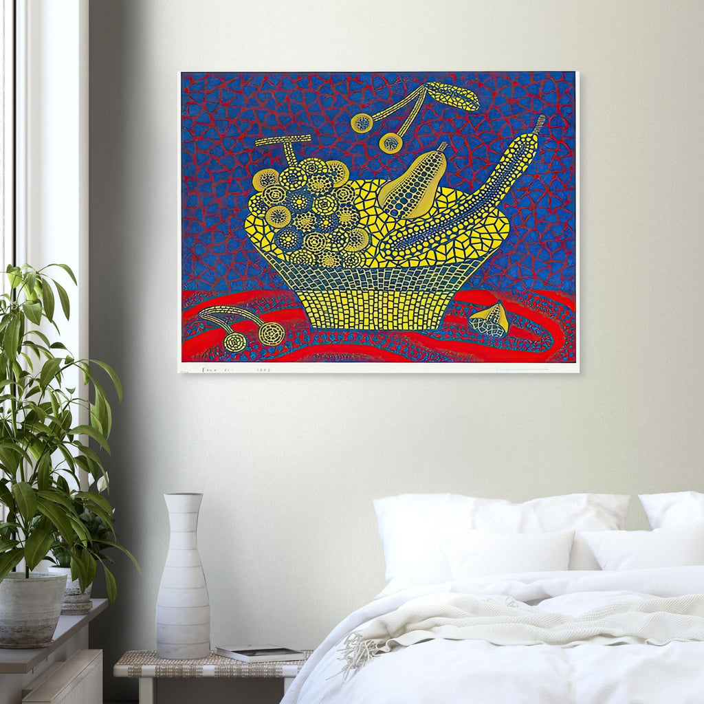 Yayoi Kusama poster — Fruit Basket (1) by Yayoi Kusama explores one of the artist’s recurring subjects: the abundance of ordinary fruit