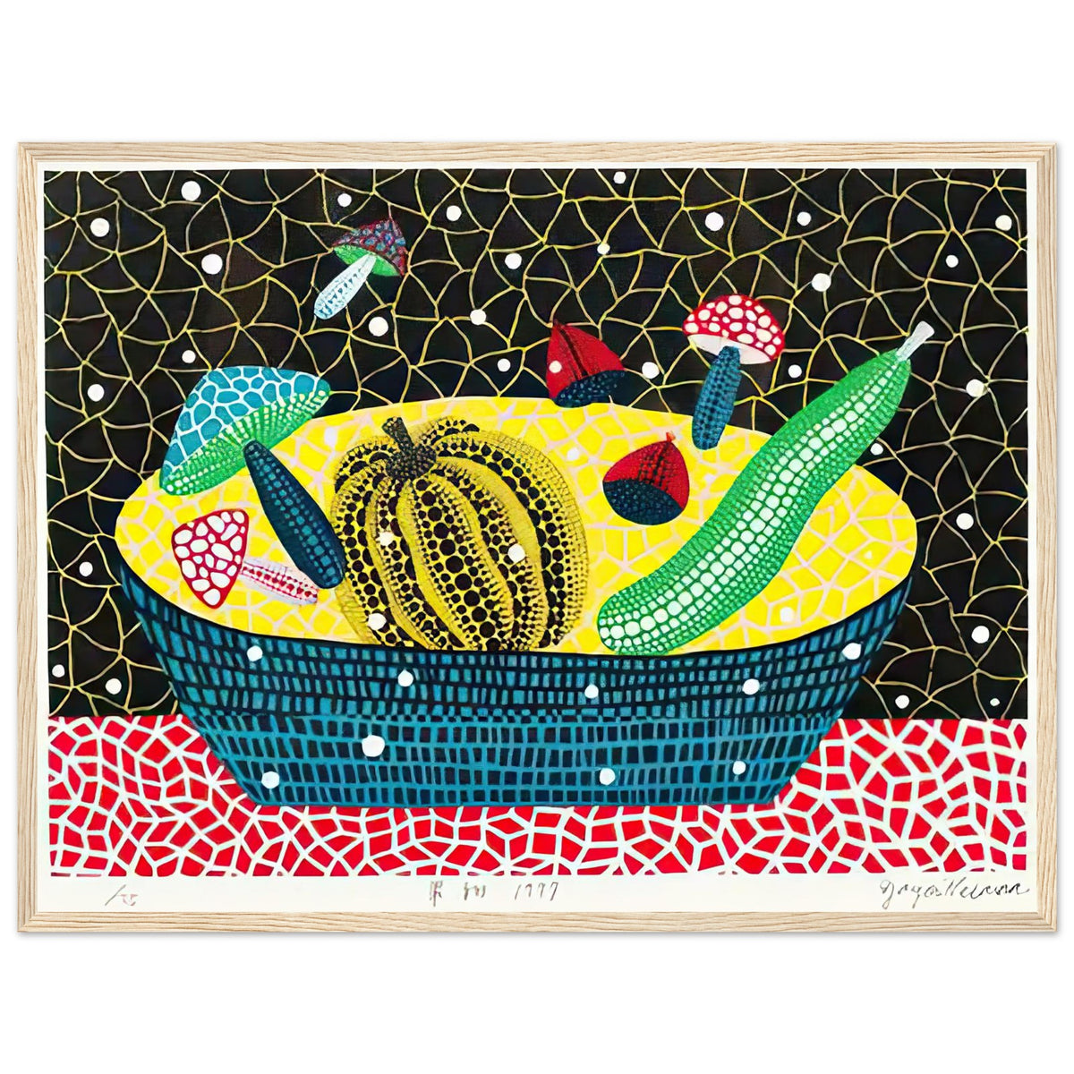 Yayoi Kusama framed print — Fruits (2) turns an arrangement of fruit into a deliberately ornamental still life, wood frame, 45x60 cm / 18x24″