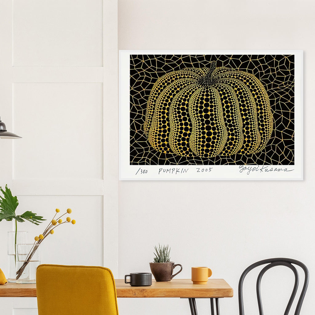 Yayoi Kusama framed print — Pumpkin places the rounded gourd at the center of Kusama’s visual imagination, treating a humble vegetable as an individual character