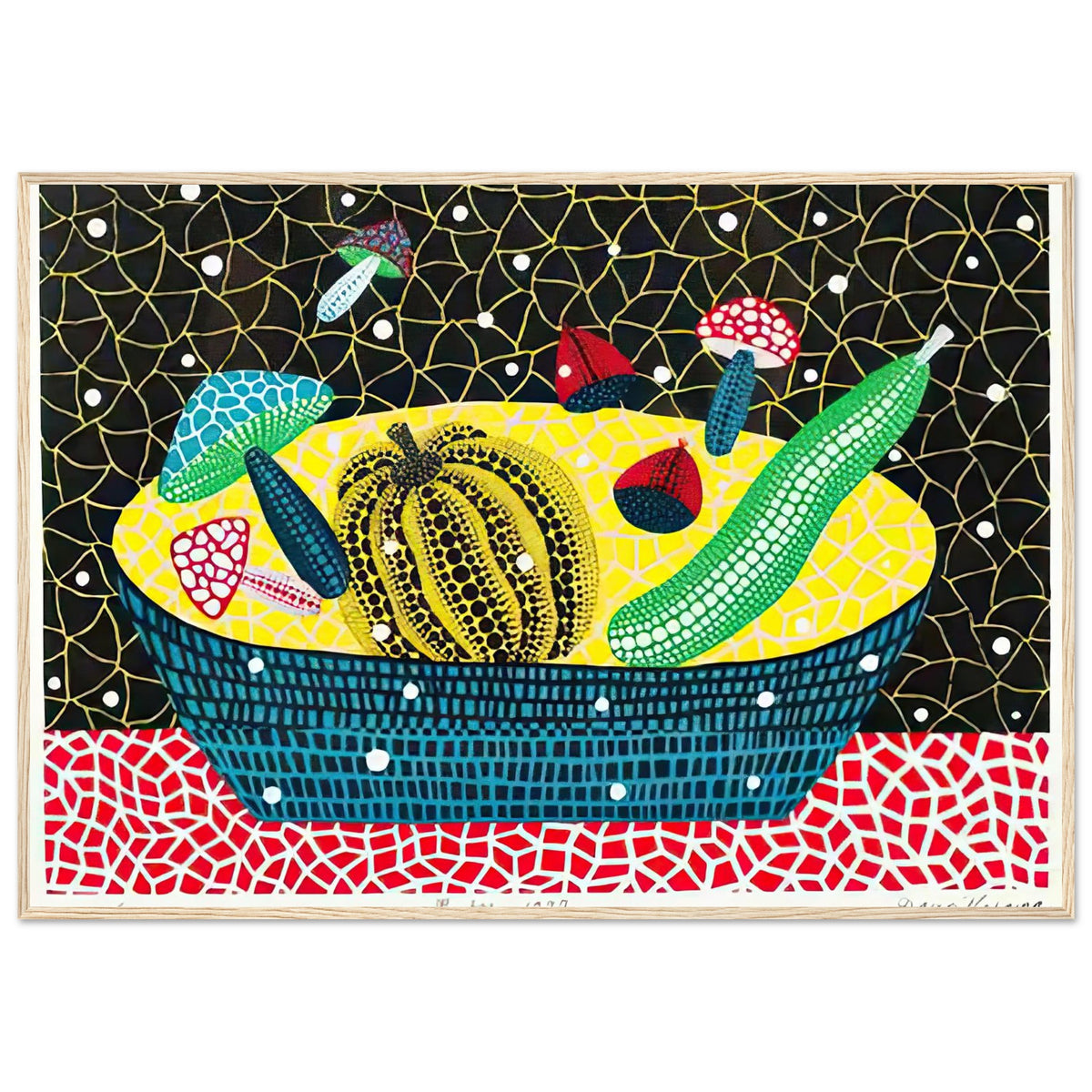 Yayoi Kusama framed print — Fruits (2) turns an arrangement of fruit into a deliberately ornamental still life, wood frame, 70x100 cm / 28x40″
