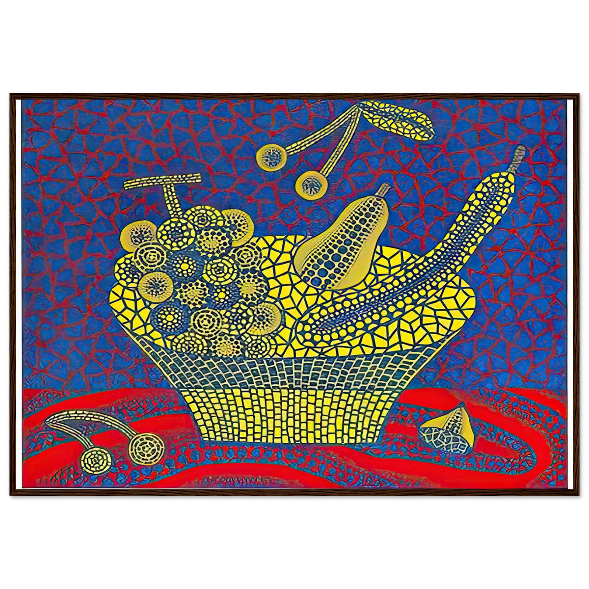 Yayoi Kusama framed print — Fruit Basket (1) by Yayoi Kusama explores one of the artist’s recurring subjects: the abundance of ordinary fruit, dark wood frame, 70x100 cm / 28x40″