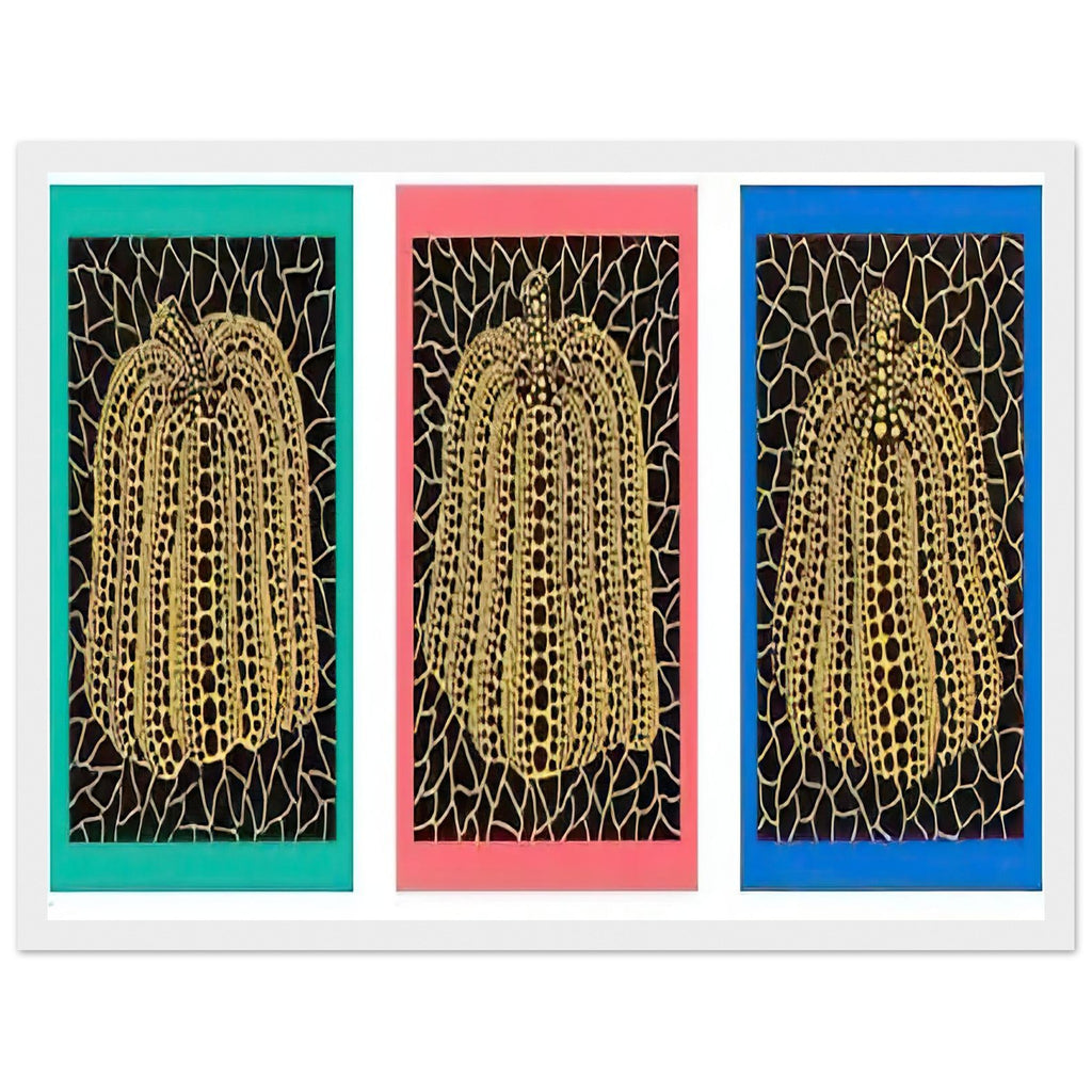 Yayoi Kusama framed print — Pumpkins [Kusama 146] shifts the emphasis from a single gourd to a plural subject, white frame, 30x40 cm / 12x16″