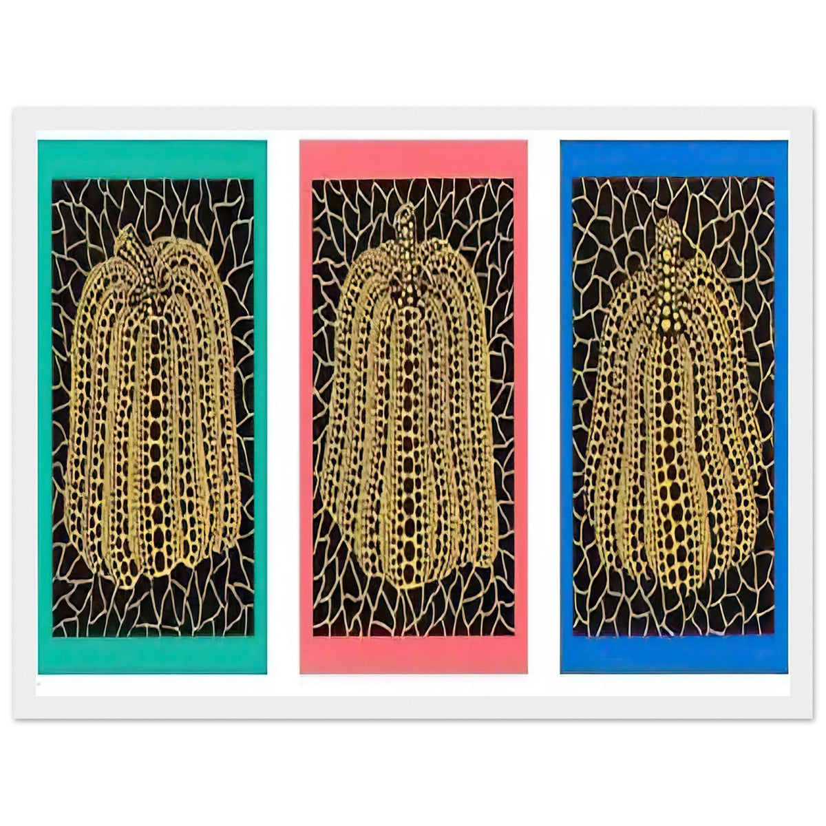 Yayoi Kusama framed print — Pumpkins [Kusama 146] shifts the emphasis from a single gourd to a plural subject, white frame, 30x40 cm / 12x16″