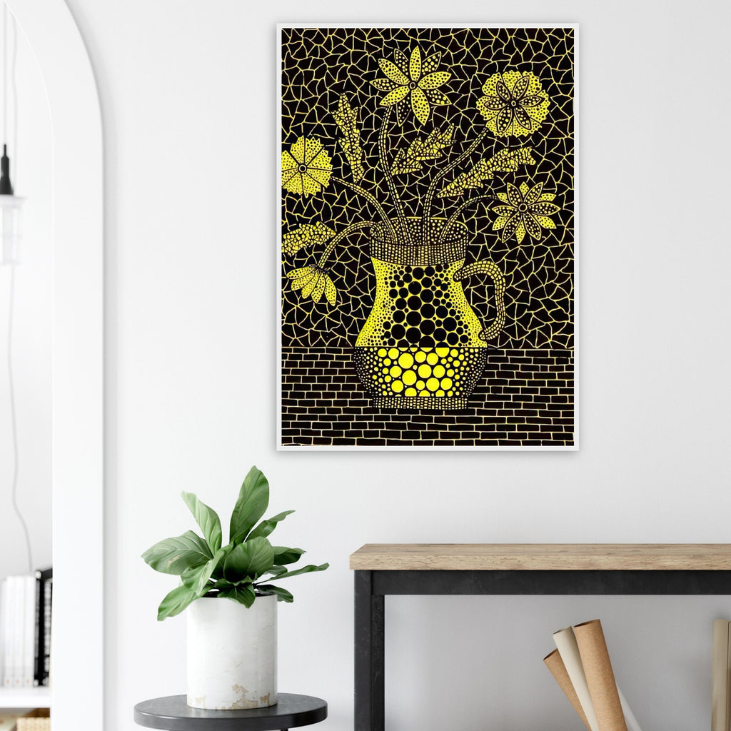 Yayoi Kusama framed print — A vase provides a stable container for an arrangement of organic forms, creating a classic still-life structure