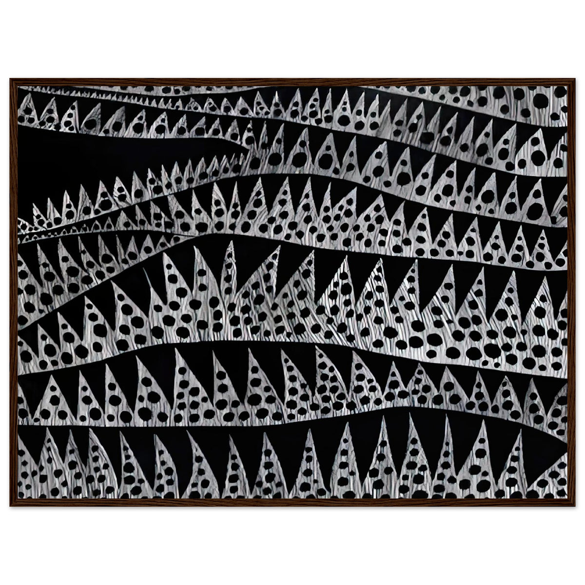 Yayoi Kusama framed print — Waves (TWXZO) approaches the motion of water as a patterned, repeating event, dark wood frame, 60x80 cm / 24x32″