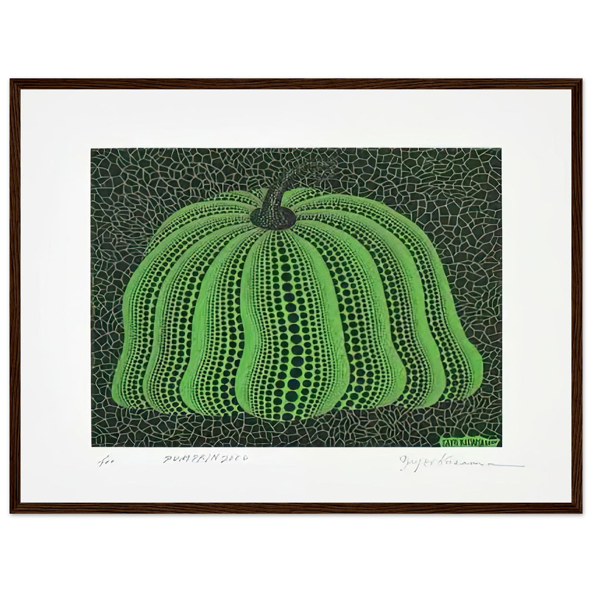Yayoi Kusama framed print — Pumpkin 2000 (Green) uses a green treatment to reinterpret one of Kusama’s most affectionate subjects
