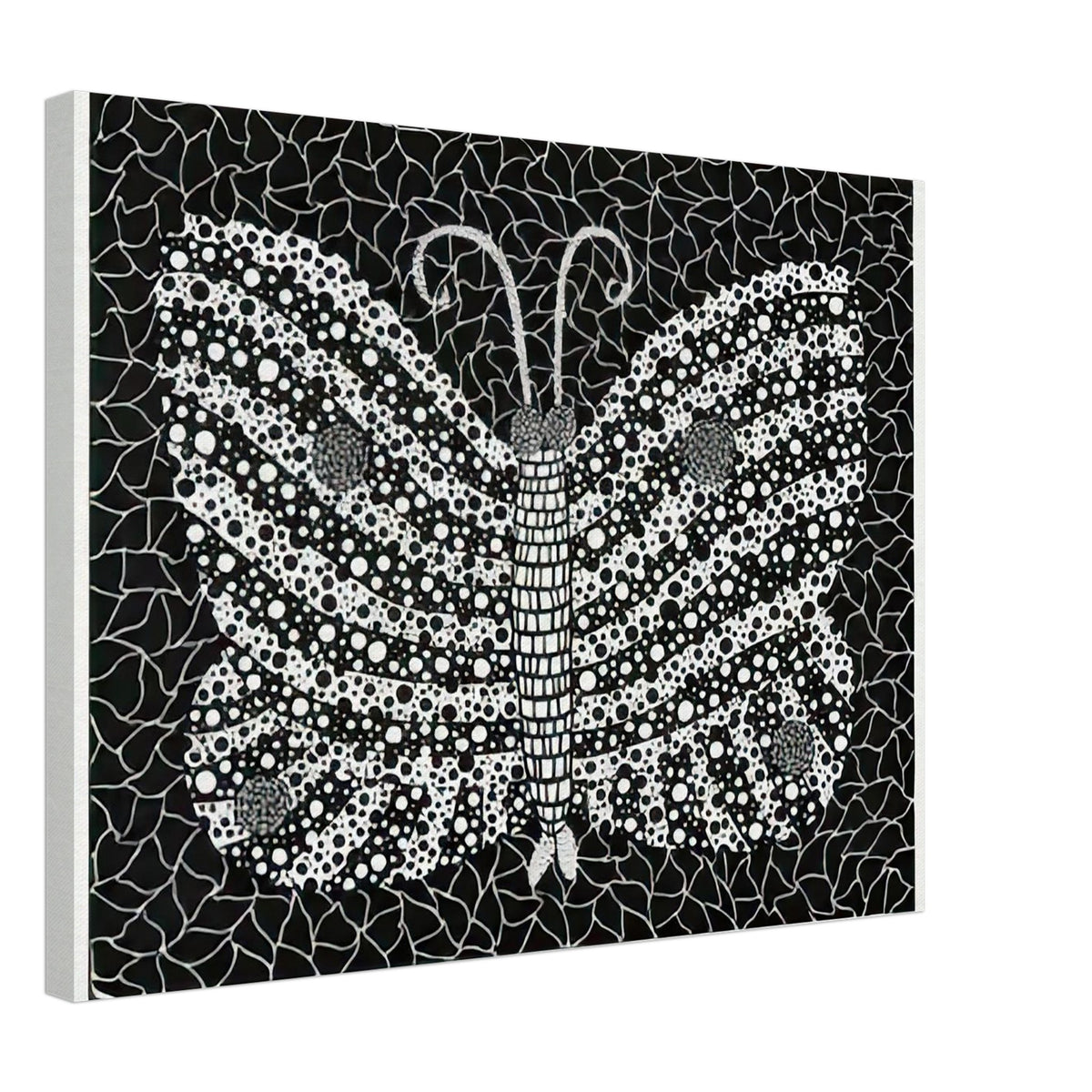 Yayoi Kusama canvas print — Butterfly [Kusama 18] by Yayoi Kusama takes the lightness of a butterfly and gives it graphic intensity through pattern, 45x60 cm / 18x24″