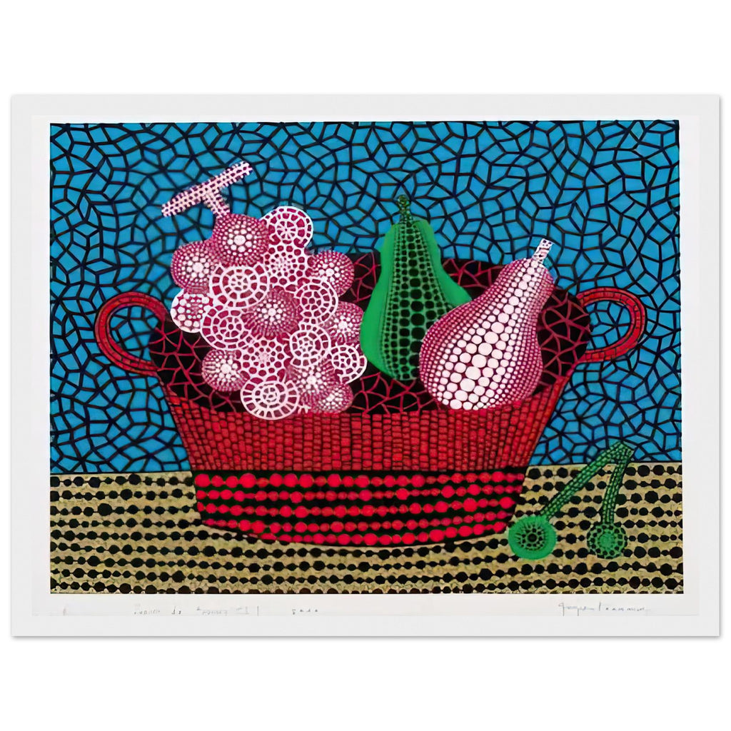 Yayoi Kusama framed print — Panier de Fruits II from Amour pour Toujours turns a basket of fruit into a lively decorative still life, white frame, 30x40 cm / 12x16″