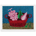 Yayoi Kusama framed print — Panier de Fruits II from Amour pour Toujours turns a basket of fruit into a lively decorative still life, white frame, 30x40 cm / 12x16″