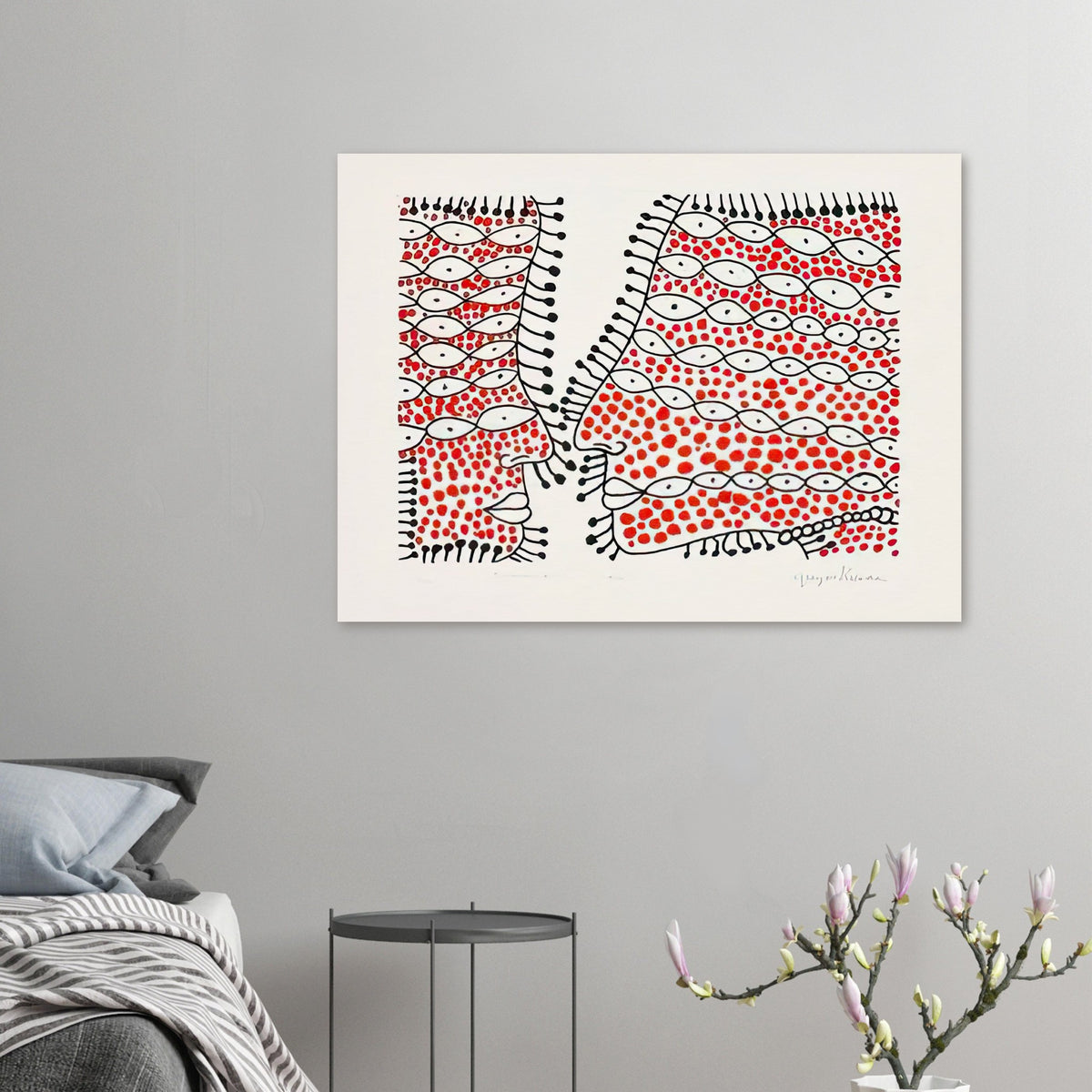 Yayoi Kusama poster — Beginning of Love suggests an intimate emotional moment expressed through Kusama’s recurring language of patterns and simple forms