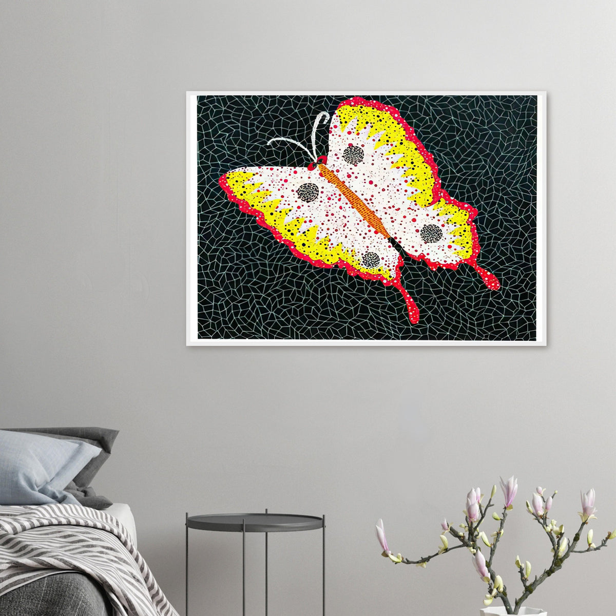 Yayoi Kusama framed print — Butterfly [Kusama 81] by Yayoi Kusama takes the lightness of a butterfly and gives it graphic intensity through pattern
