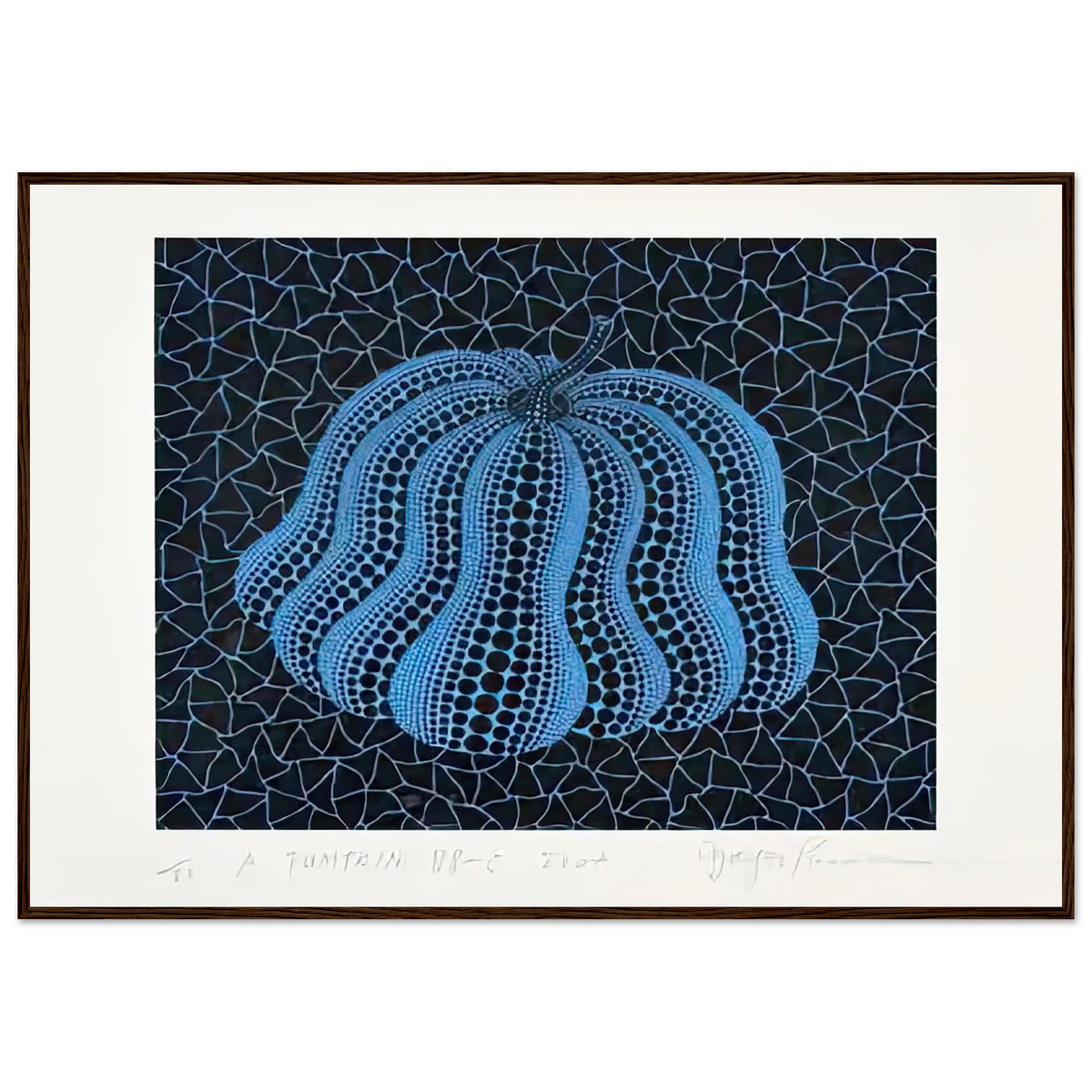 Yayoi Kusama framed print — Pumpkin (BB-C) [Kusama 330] revisits Kusama’s best-known vegetable through the relationship between its distinctive form and repeating ornament, dark wood frame, 70x100 cm / 28x40″