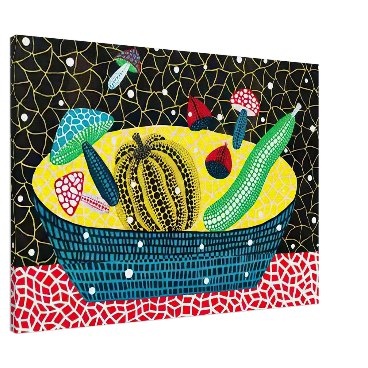 Yayoi Kusama canvas print — Fruits (2) turns an arrangement of fruit into a deliberately ornamental still life, 70x100 cm / 28x40″