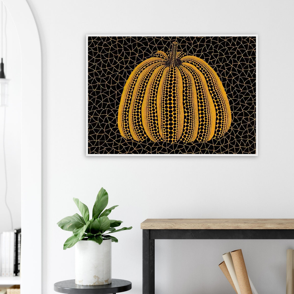 Yayoi Kusama framed print — Pumpkin (YY) [Kusama 231] revisits Kusama’s best-known vegetable through the relationship between its distinctive form and repeating ornament
