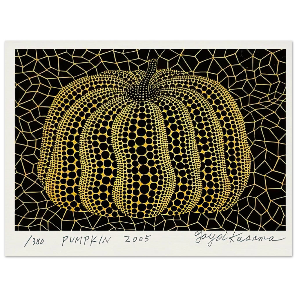Yayoi Kusama poster — Pumpkin places the rounded gourd at the center of Kusama’s visual imagination, treating a humble vegetable as an individual character, 15x20 cm / 6x8″