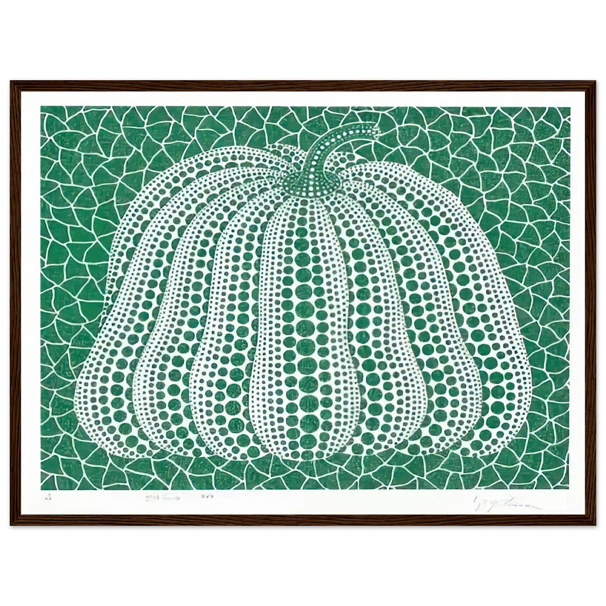 Yayoi Kusama framed print — Pumpkin Green presents Kusama’s familiar pumpkin through an explicitly green variation, dark wood frame, 45x60 cm / 18x24″