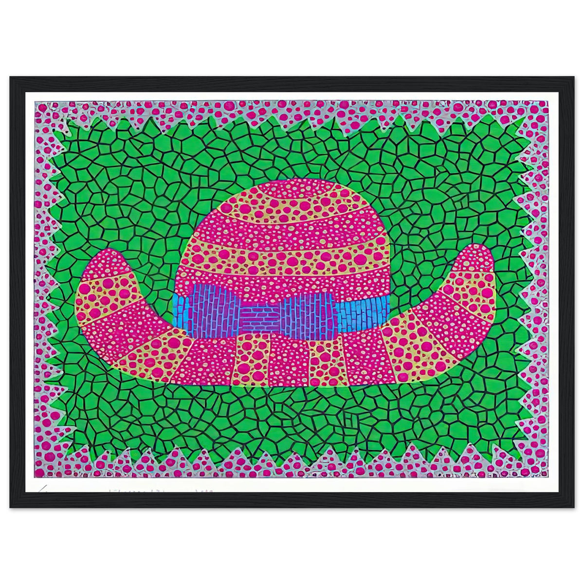 Yayoi Kusama framed print — Hat II turns an everyday hat into a subject for playful observation, black frame, 30x40 cm / 12x16″