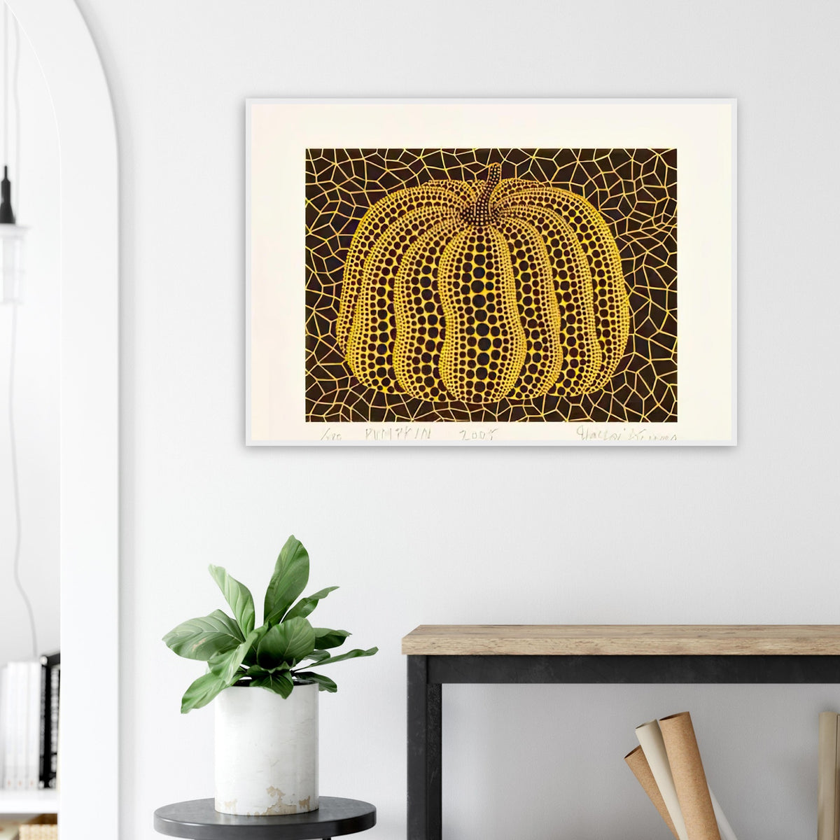 Yayoi Kusama framed print — Small Pumpkin focuses on a compact, approachable version of Kusama’s most familiar motif