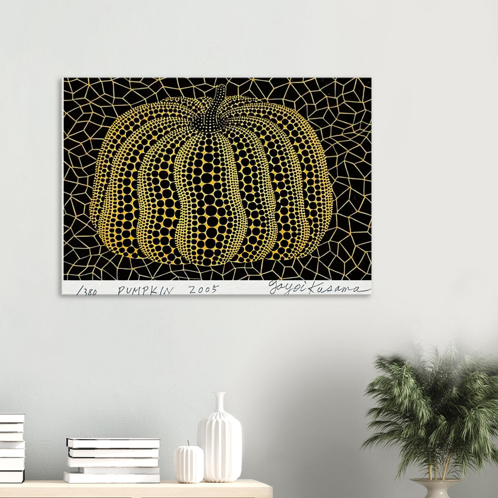 Yayoi Kusama canvas print — Pumpkin places the rounded gourd at the center of Kusama’s visual imagination, treating a humble vegetable as an individual character