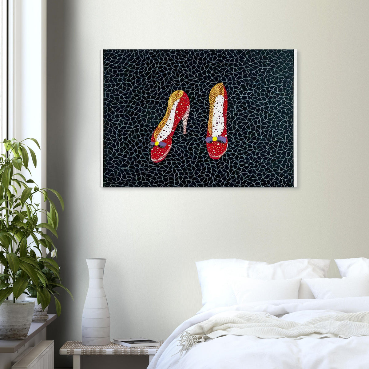 Yayoi Kusama canvas print — Shoes (2) turns a footwear object into an image about shape, balance and individuality