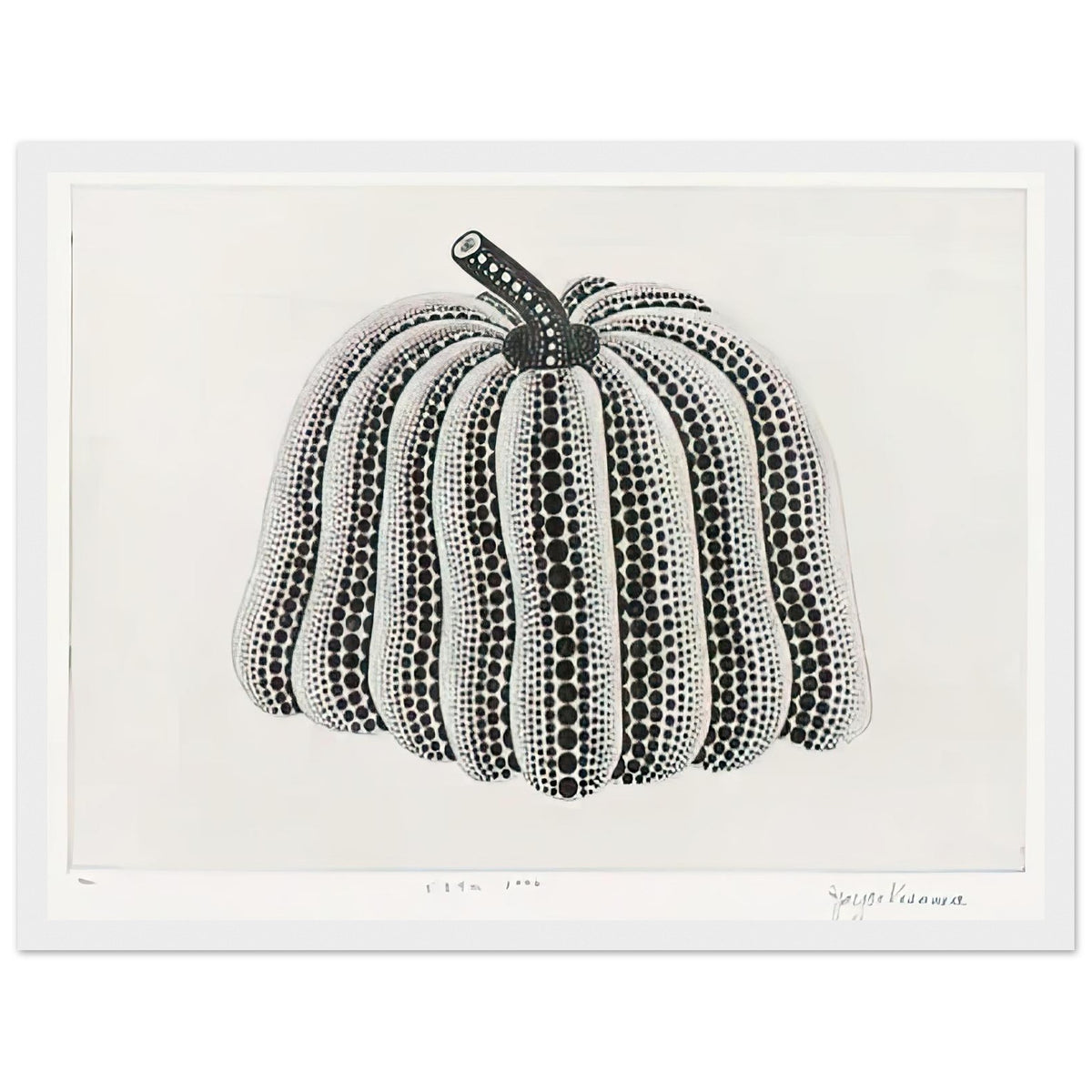 Yayoi Kusama framed print — Pumpkin [Kusama 201] revisits Kusama’s best-known vegetable through the relationship between its distinctive form and repeating ornament, white frame, 30x40 cm / 12x16″