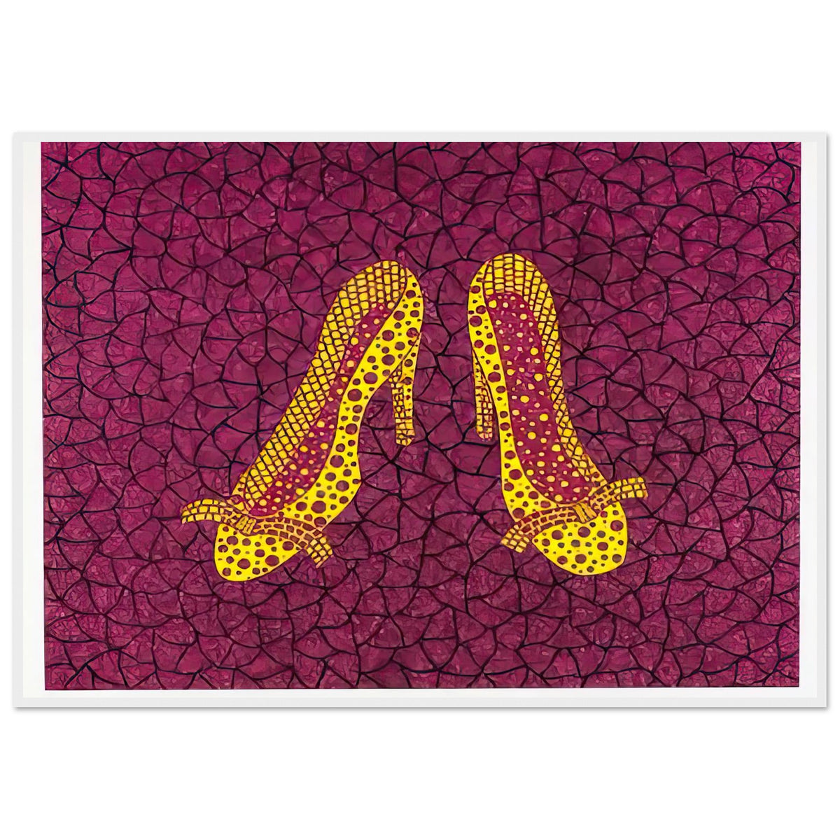 Yayoi Kusama framed print — High Heels (2) makes a fashion accessory the protagonist of a Kusama print, white frame, 70x100 cm / 28x40″
