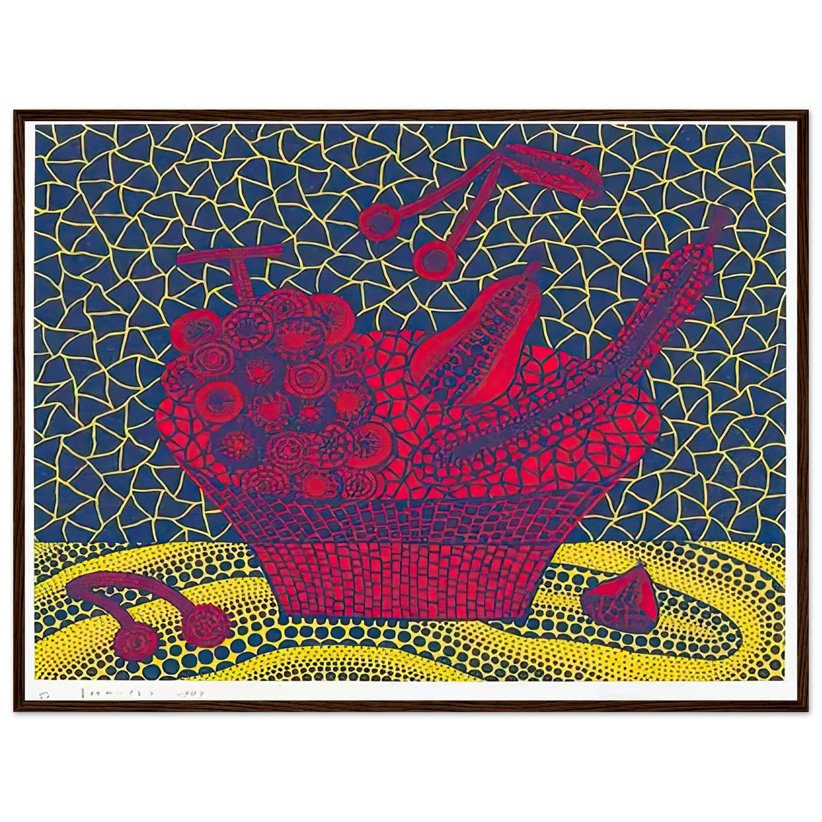Yayoi Kusama framed print — Fruit Basket (5) by Yayoi Kusama explores one of the artist’s recurring subjects: the abundance of ordinary fruit, dark wood frame, 60x80 cm / 24x32″