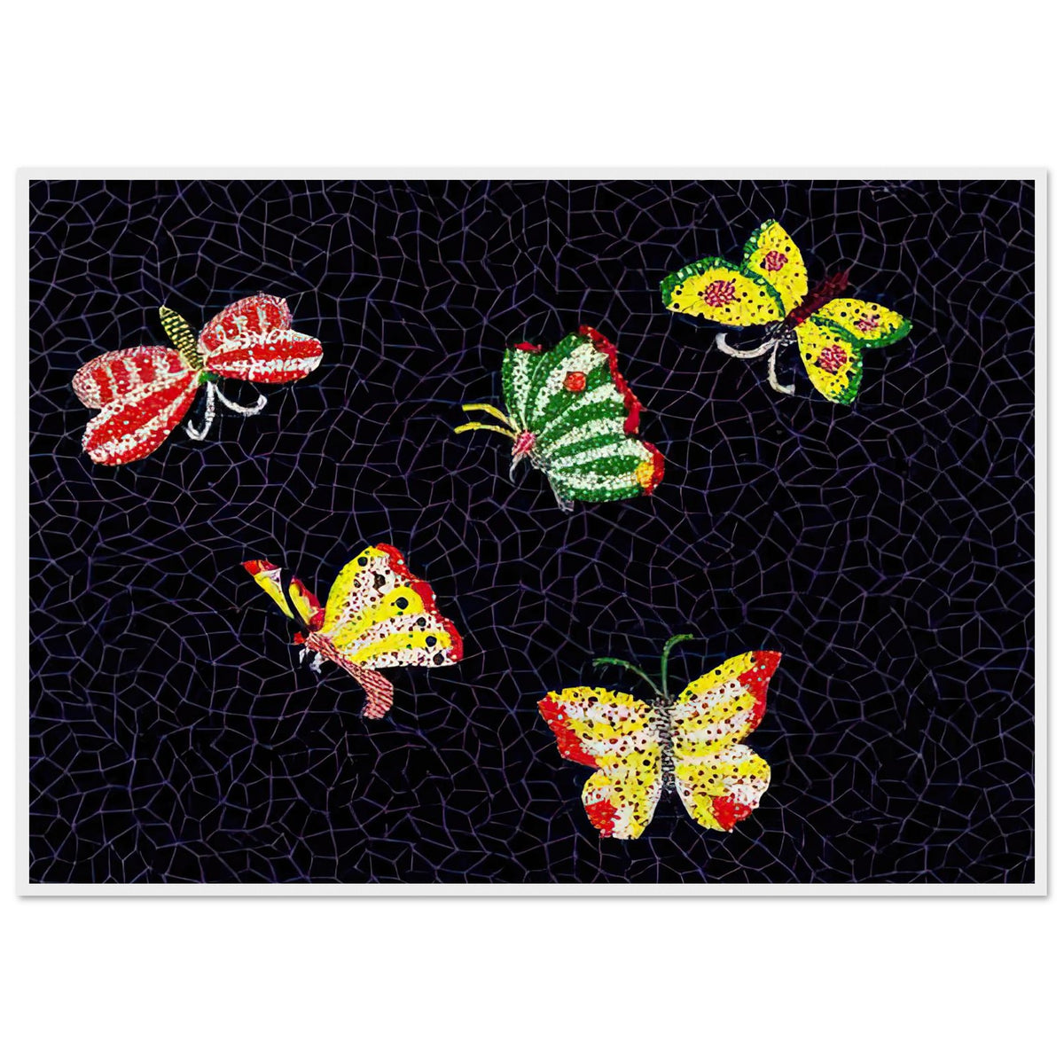 Yayoi Kusama framed print — Butterfly [Kusama 82] by Yayoi Kusama takes the lightness of a butterfly and gives it graphic intensity through pattern, white frame, 70x100 cm / 28x40″