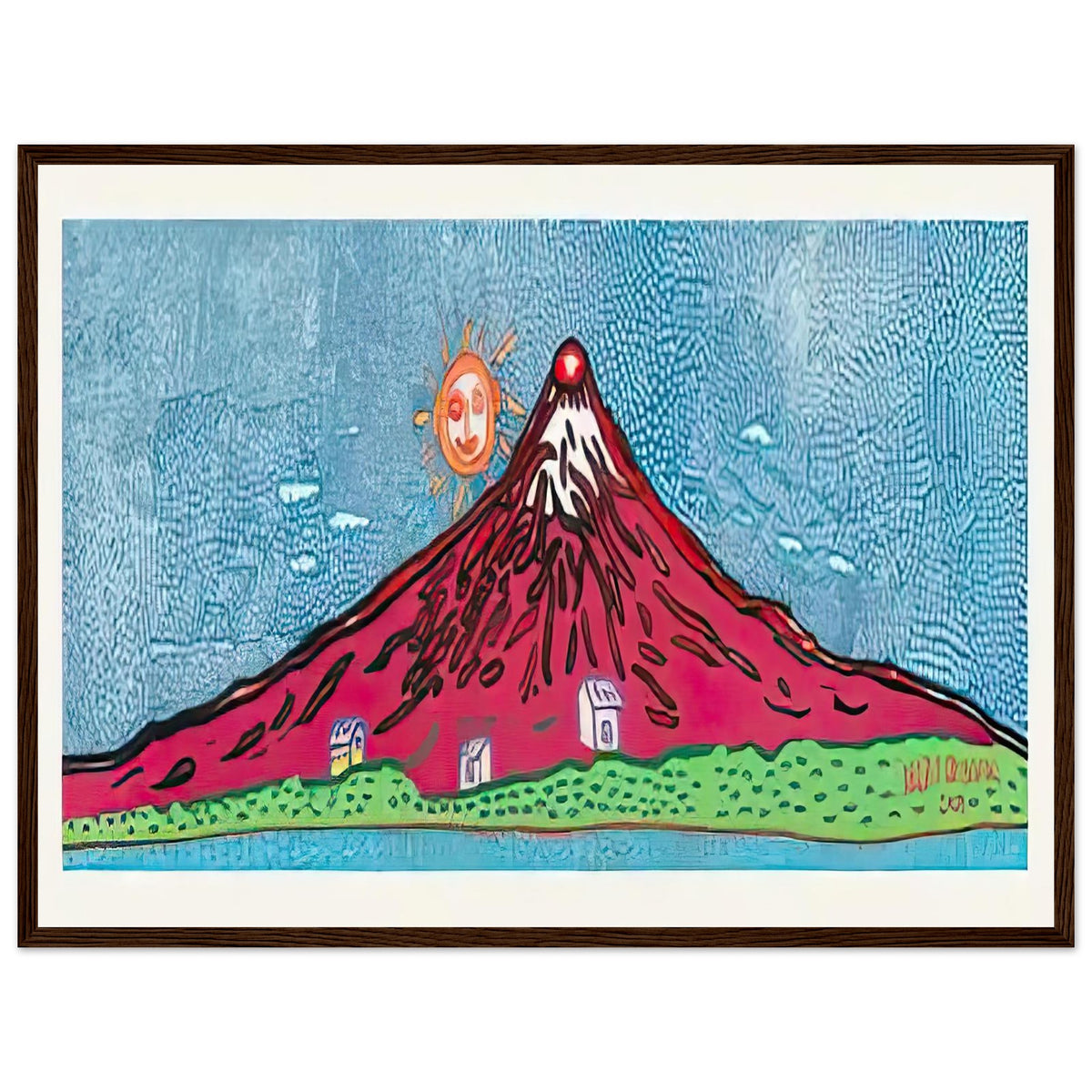Yayoi Kusama framed print — Mt. Fuji in Seven Colours: Mt. Fuji I Love is Kusama’s red interpretation of the celebrated Japanese mountain. The, dark wood frame, 45x60 cm / 18x24″