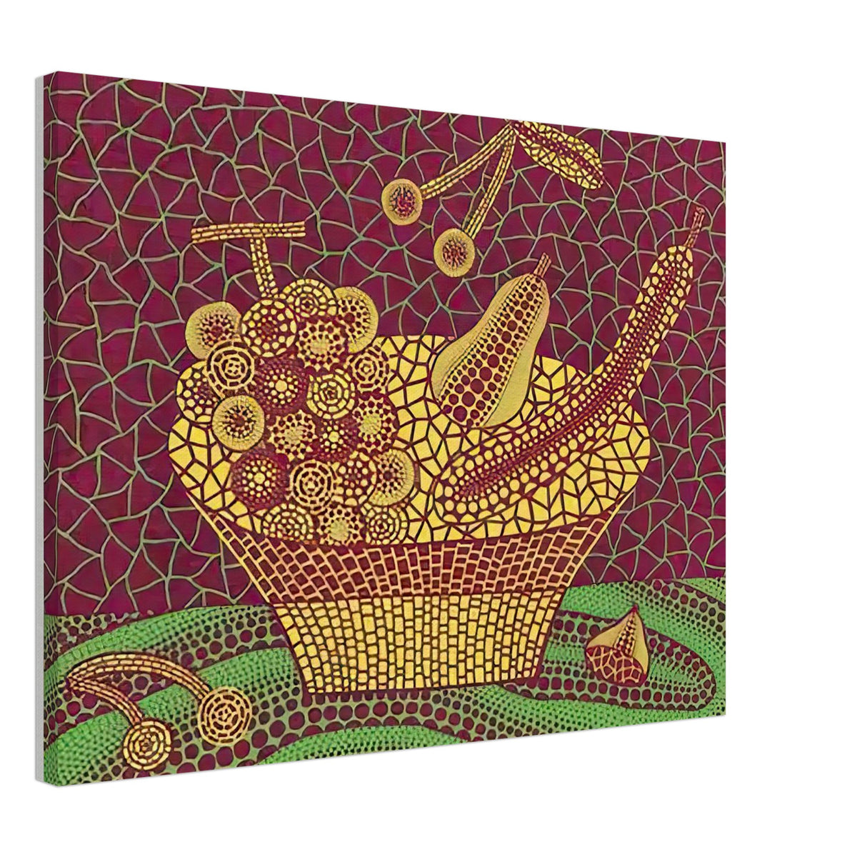 Yayoi Kusama canvas print — Fruit Basket (3) by Yayoi Kusama explores one of the artist’s recurring subjects: the abundance of ordinary fruit, 45x60 cm / 18x24″