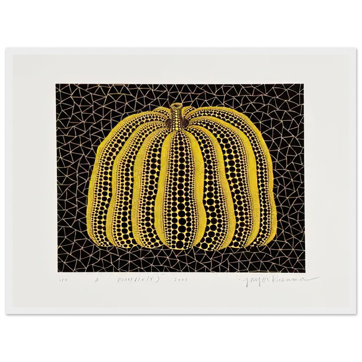 Yayoi Kusama framed print — Pumpkin (Y) is one precisely named variation on Yayoi Kusama’s iconic pumpkin theme, white frame, 45x60 cm / 18x24″