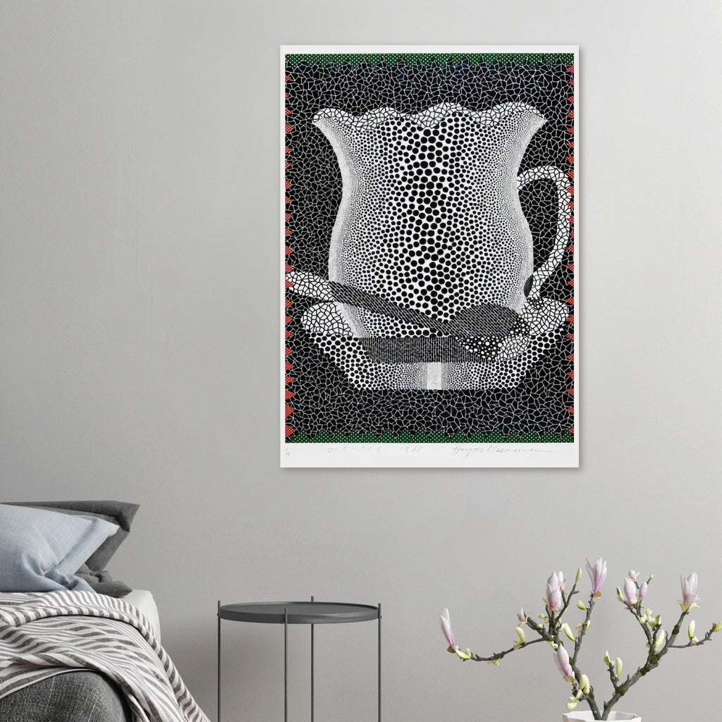 Yayoi Kusama framed print — In this monochrome Coffee Cup version, a humble drinking vessel becomes an arresting graphic subject