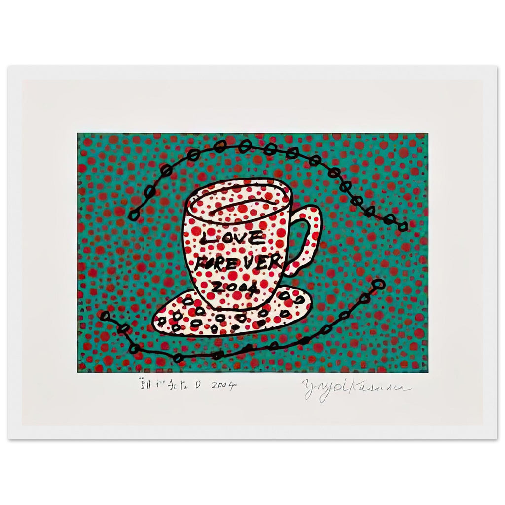 Yayoi Kusama framed print — Morning Is Here (D) joins a series of compact 2004 prints in which the beginning of the day becomes a subject for personal symbols and tightly controlled graphic, white frame, 30x40 cm / 12x16″
