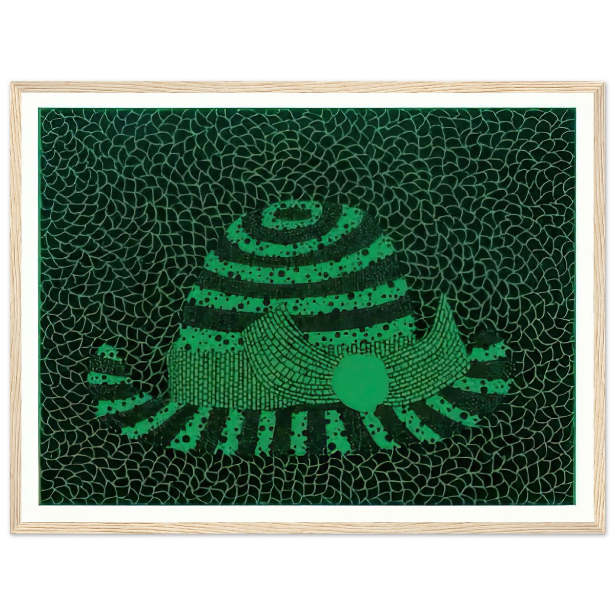Yayoi Kusama framed print — Hat (Green) presents a familiar accessory as an exercise in changing color and graphic character, wood frame, 45x60 cm / 18x24″