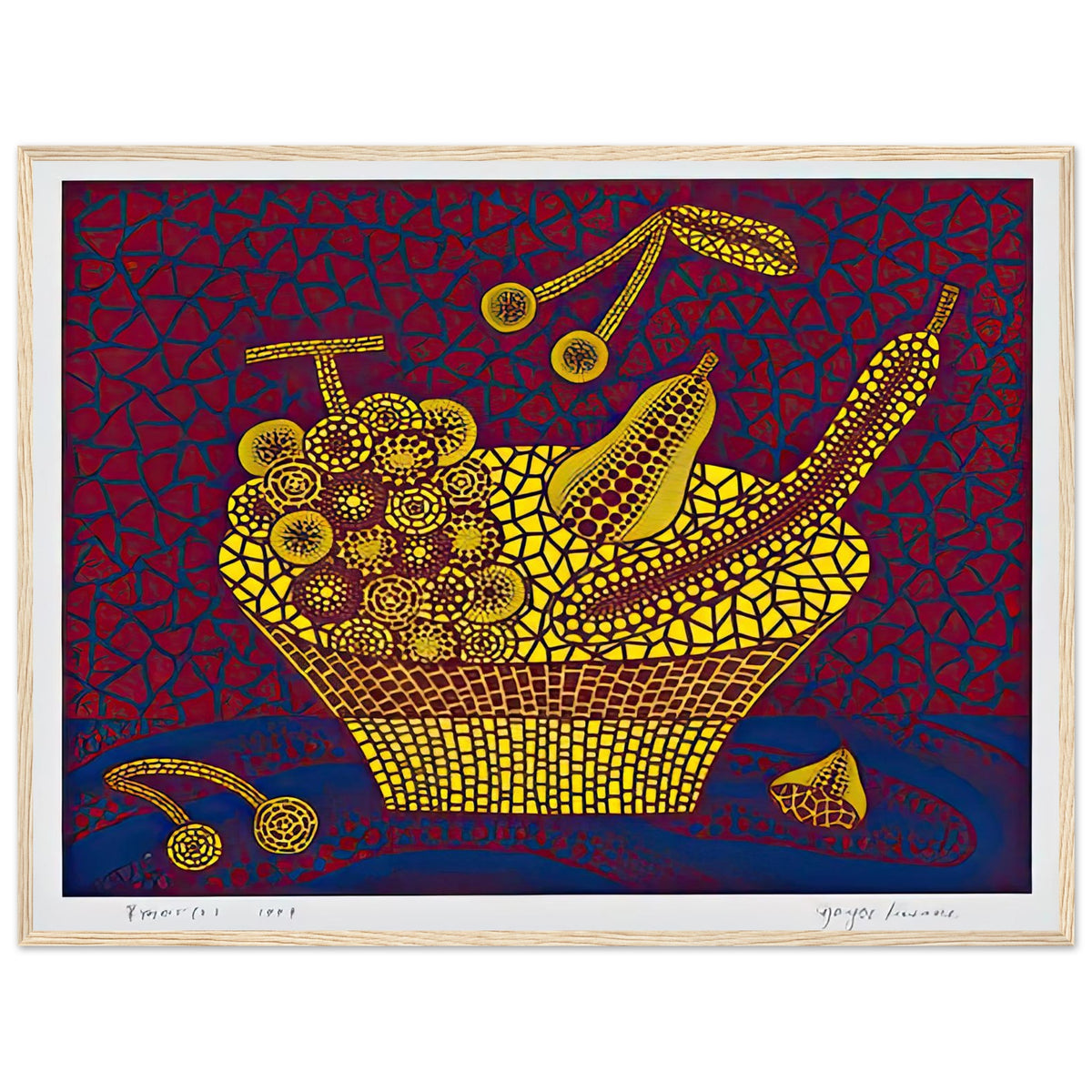 Yayoi Kusama framed print — Fruit Basket (2) by Yayoi Kusama explores one of the artist’s recurring subjects: the abundance of ordinary fruit, wood frame, 60x80 cm / 24x32″