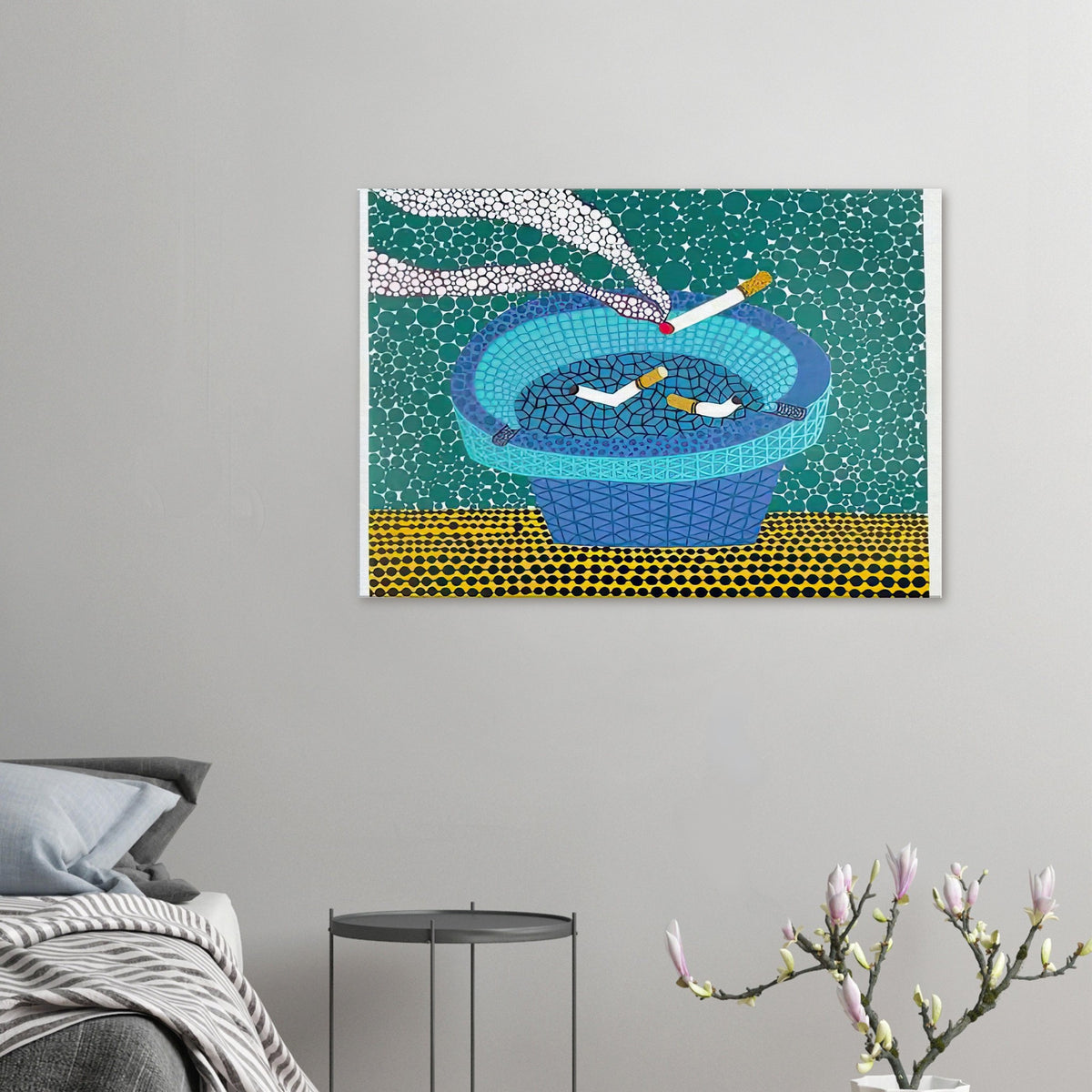 Yayoi Kusama canvas print — Ashtray (2) returns to the everyday smoking accessory but distinguishes this image as a second listed treatment of the motif