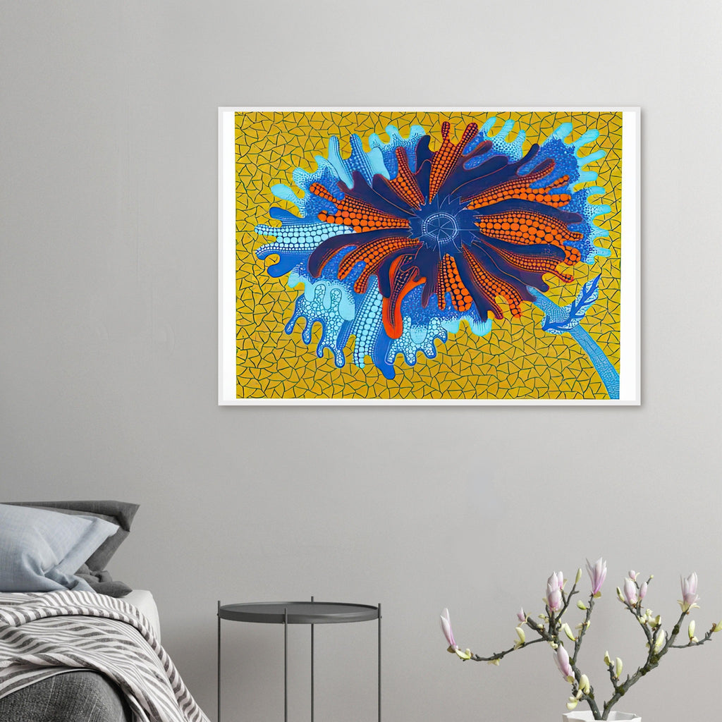 Yayoi Kusama framed print — Flower (B) treats a single flowering motif as a complete visual world