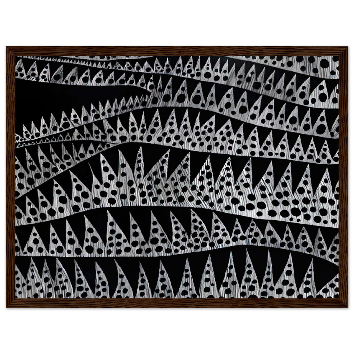 Yayoi Kusama framed print — Waves (TWXZO) approaches the motion of water as a patterned, repeating event, dark wood frame, 30x40 cm / 12x16″