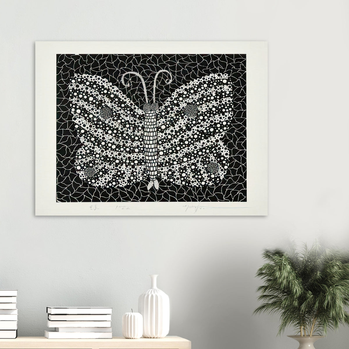 Yayoi Kusama poster — Butterfly [Kusama 18] by Yayoi Kusama takes the lightness of a butterfly and gives it graphic intensity through pattern