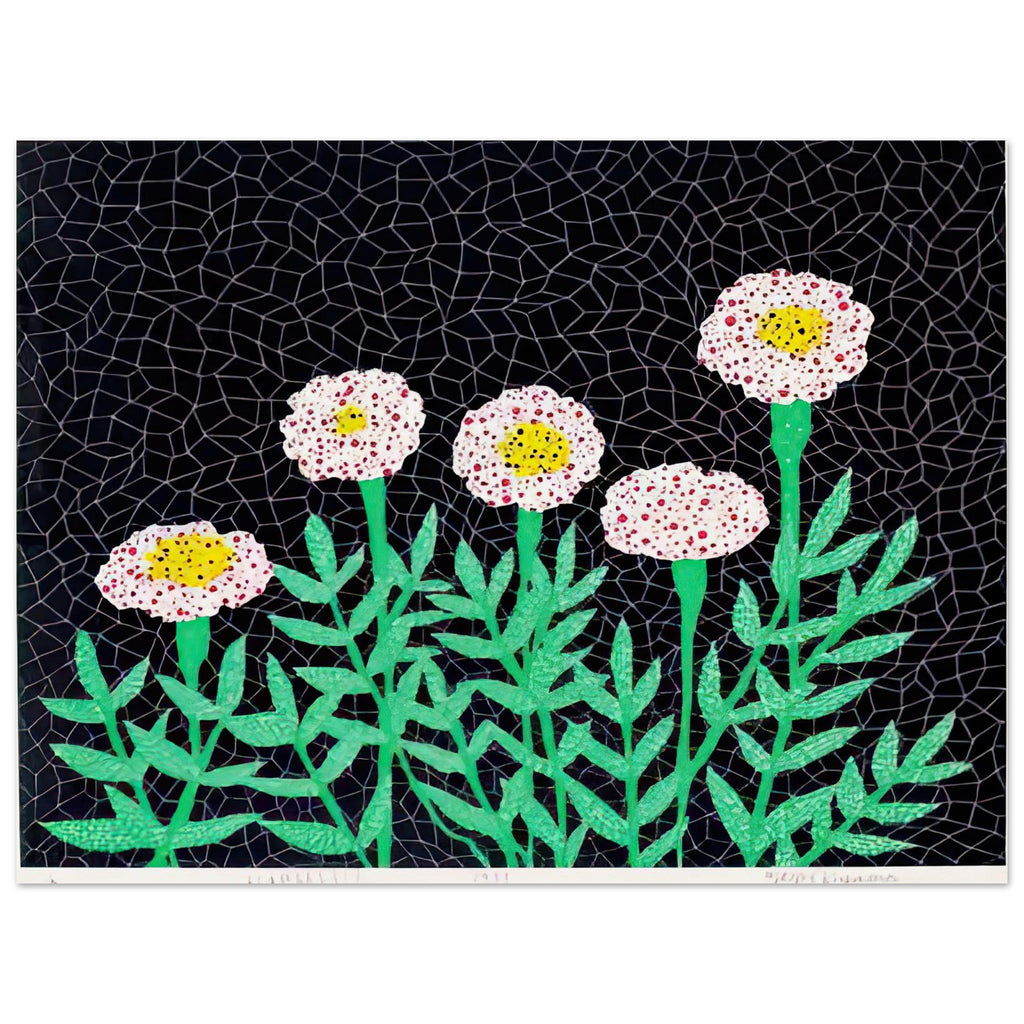 Yayoi Kusama poster — Flowers 1 places blooming forms at the center of the composition, 15x20 cm / 6x8″