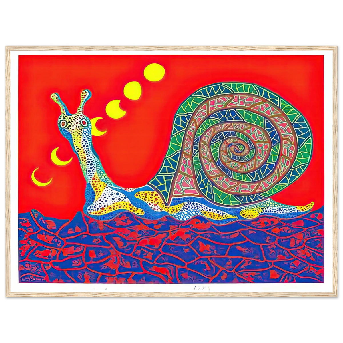 Yayoi Kusama framed print — Snail takes a slow-moving creature and makes its spiral shell and delicate movement the center of attention, wood frame, 60x80 cm / 24x32″