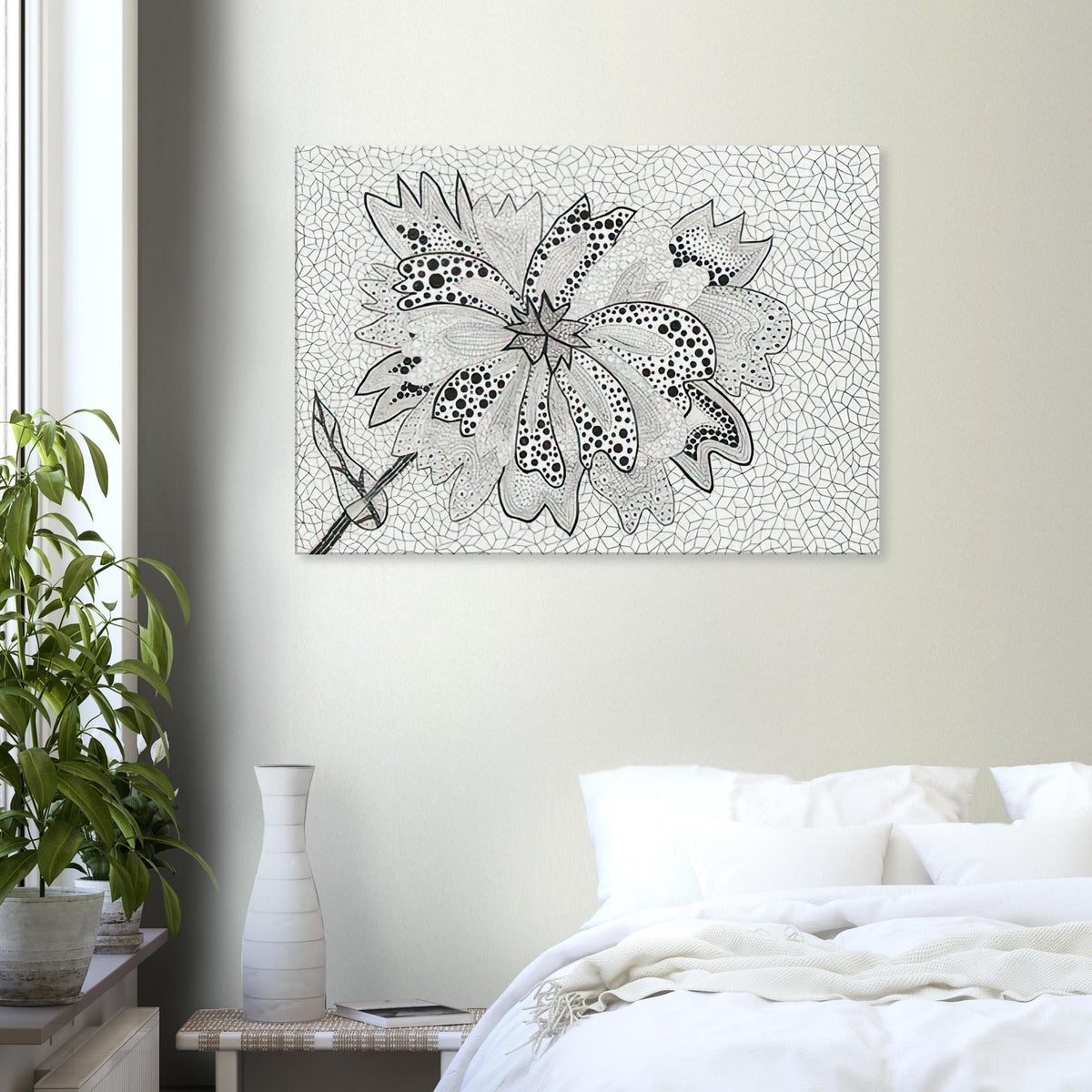 Yayoi Kusama canvas print — Flower (A–B) places two designated botanical variations together in a single listing