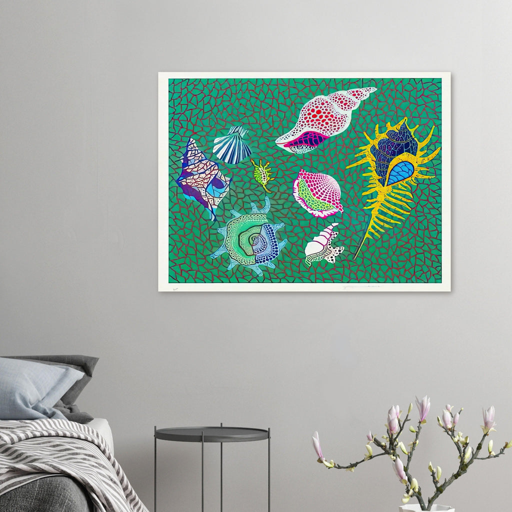 Yayoi Kusama poster — Shells draws attention to small natural objects whose curved structures and repeating ridges are already pattern-like