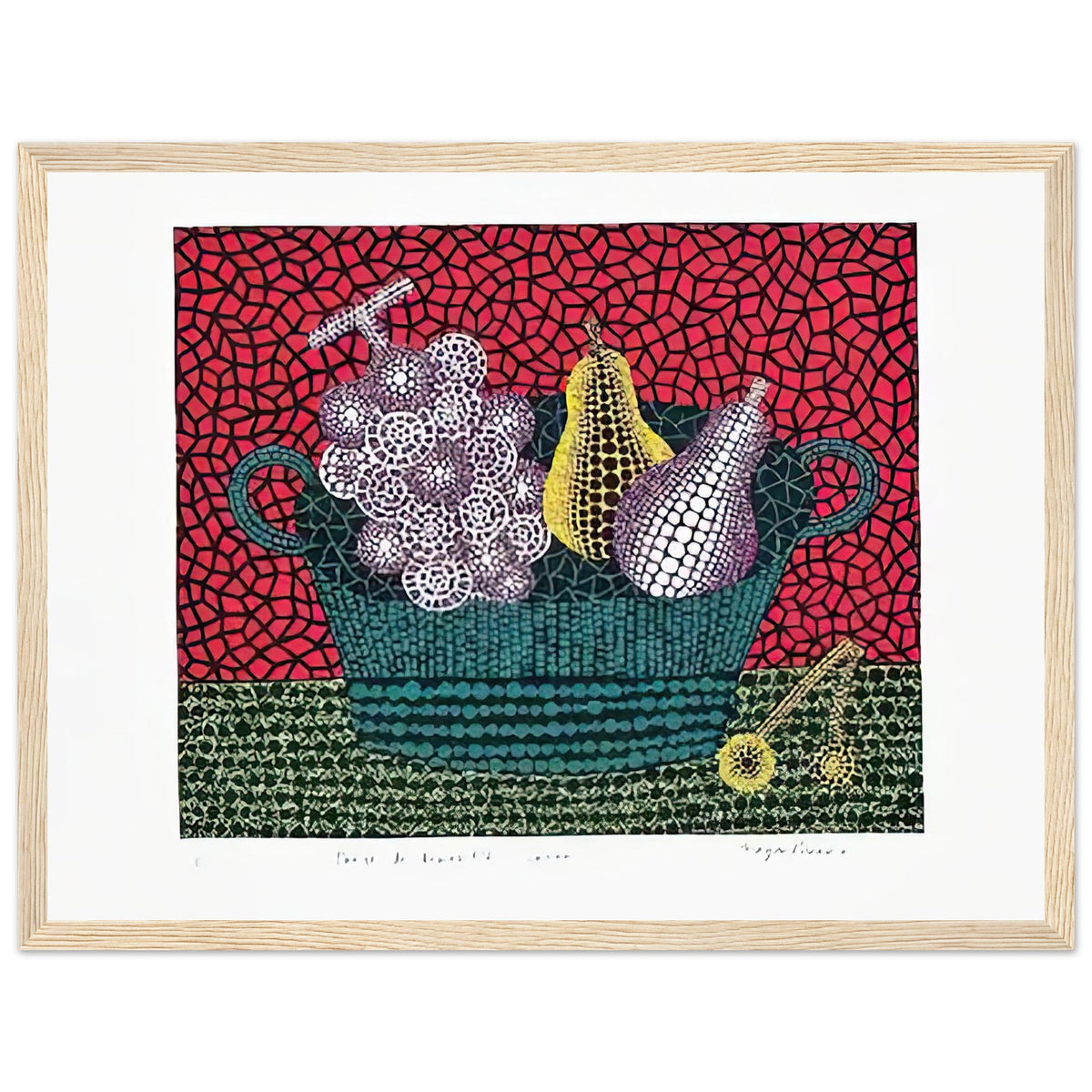 Yayoi Kusama framed print — Panier de Fruits I from Amour pour Toujours turns a basket of fruit into a lively decorative still life, wood frame, 30x40 cm / 12x16″