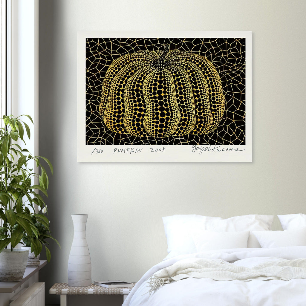 Yayoi Kusama poster — Pumpkin places the rounded gourd at the center of Kusama’s visual imagination, treating a humble vegetable as an individual character