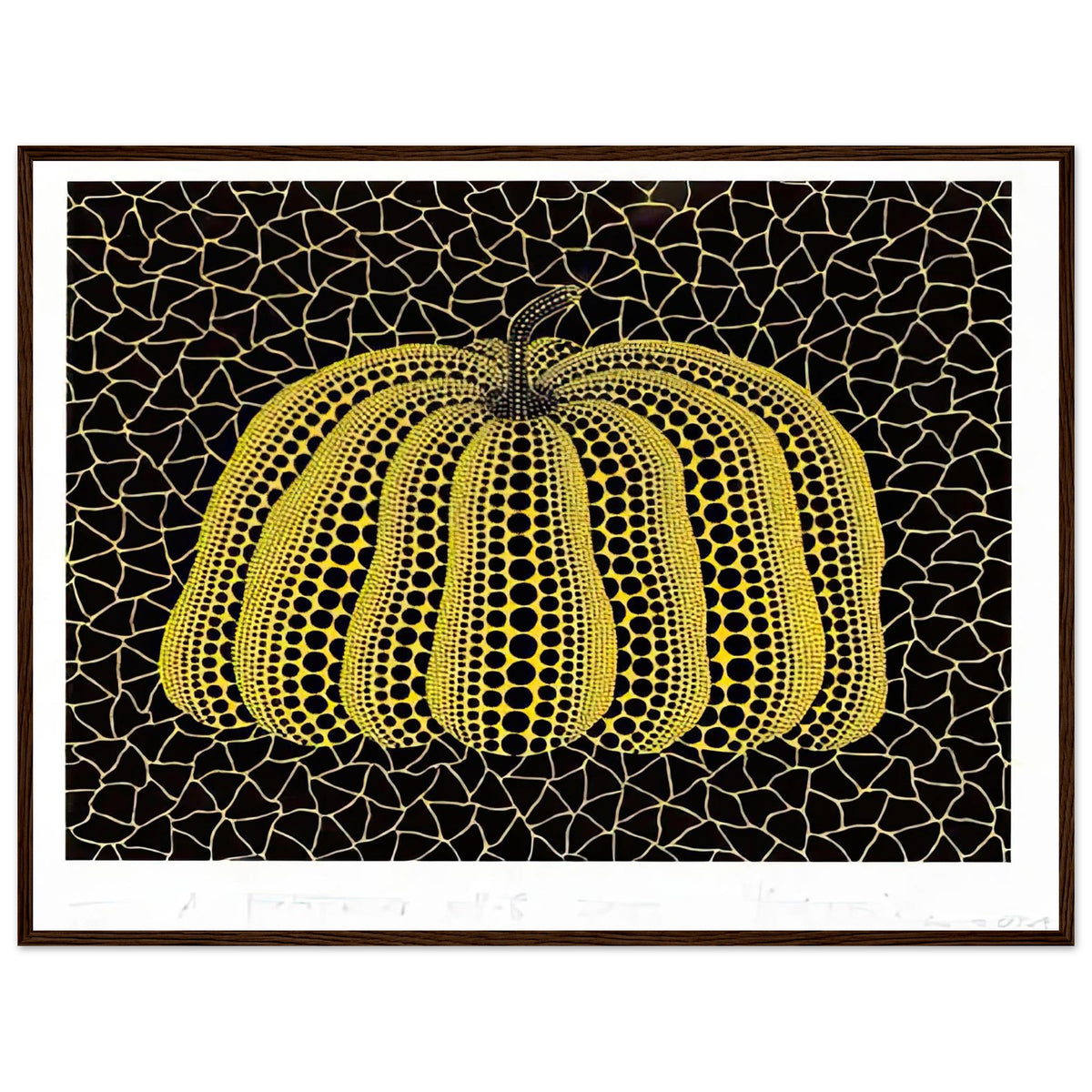 Yayoi Kusama framed print — Pumpkin (YB-B) [Kusama 327] revisits Kusama’s best-known vegetable through the relationship between its distinctive form and repeating ornament, dark wood frame, 60x80 cm / 24x32″