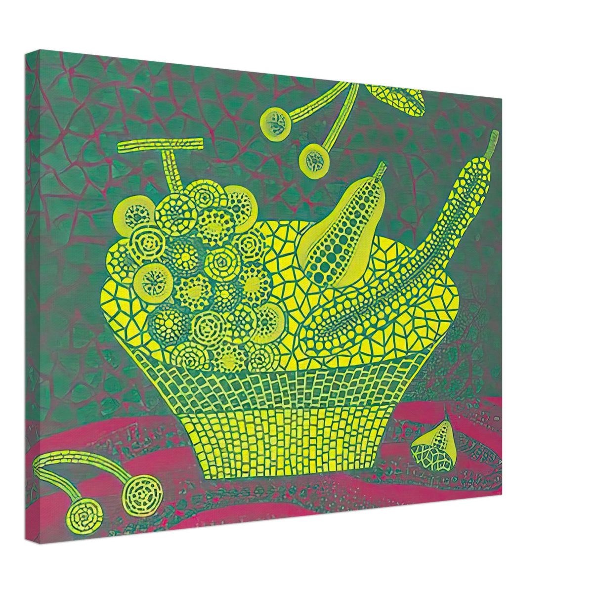 Yayoi Kusama canvas print — Fruit Basket (4) by Yayoi Kusama explores one of the artist’s recurring subjects: the abundance of ordinary fruit, 45x60 cm / 18x24″